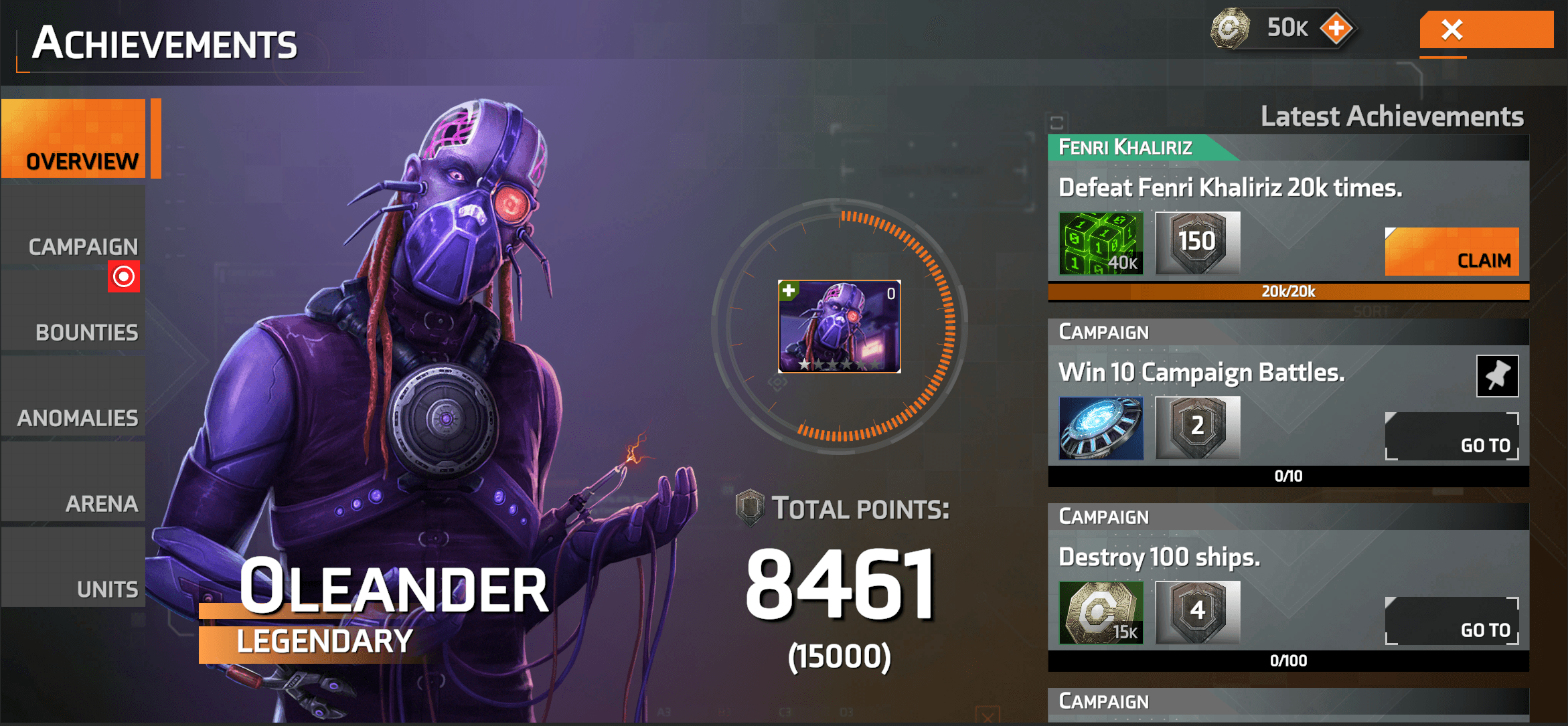A showcase of the new Achievement panel & new earnable legendary unit Oleander
